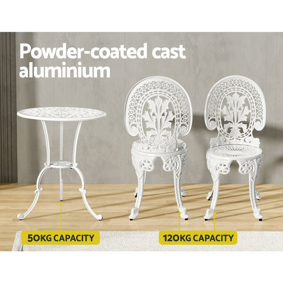 Gardeon 3PC Patio Furniture Outdoor Bistro Set Dining Chairs Aluminium White - RnR Galore