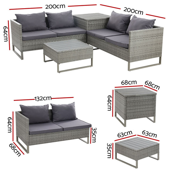 Gardeon 4 - Seater Outdoor Sofa Furniture Lounge Set Wicker Setting Grey - RnR Galore