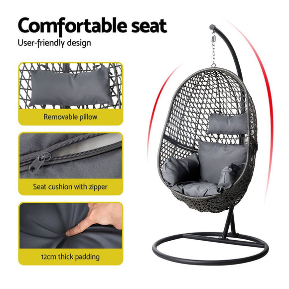 Gardeon Outdoor Egg Swing Chair Wicker Rattan Furniture Pod Stand Cushion Black - RnR Galore