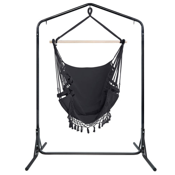 Gardeon Outdoor Hammock Chair with Stand Tassel Hanging Rope Hammocks Grey - RnR Galore