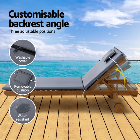 Gardeon Sun Lounge Wooden Lounger Outdoor Furniture Day Bed Wheels Patio Grey - RnR Galore