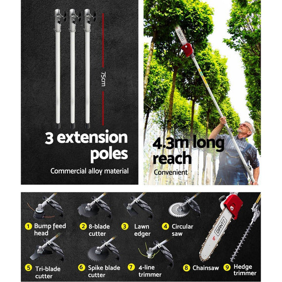 Giantz 65CC Pole Chainsaw Hedge Trimmer Brush Cutter Whipper Snipper 9 - in - 1 4.3m - RnR Galore