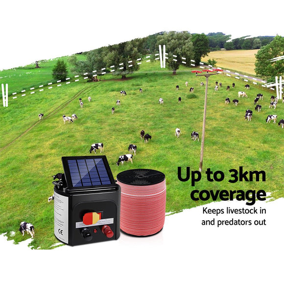 Giantz Fence Energiser 3KM Solar Powered Electric 1200M Poly Tape - RnR Galore