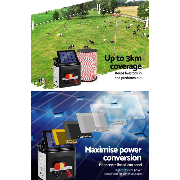 Giantz Fence Energiser 3KM Solar Powered Electric 500M Poly Rope - RnR Galore