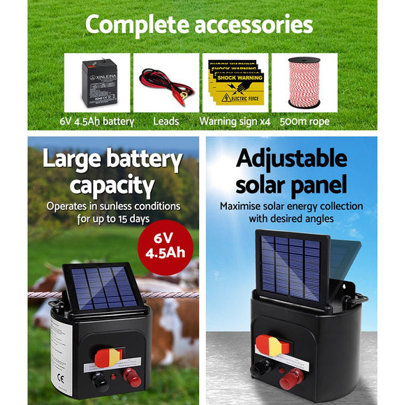 Giantz Fence Energiser 3KM Solar Powered Electric 500M Poly Rope - RnR Galore