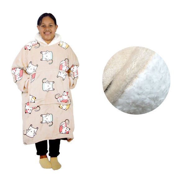 Girls Comfy Warm Blanket Hoodie with Sherpa Fleece Reverse Kawaii Cat - RnR Galore