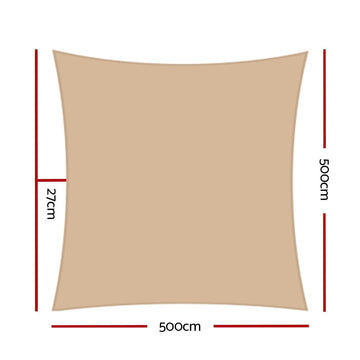 Instahut Shade Sail 5x5m Square 280GSM 98% Sand Shade Cloth - RnR Galore