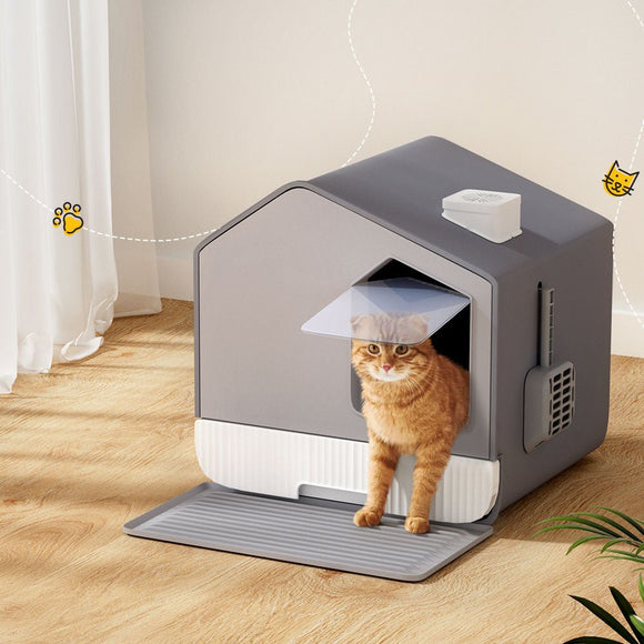 i.Pet Cat Litter Box Large Tray Kitty Toilet Enclosed Cat Litter Box Hooded Scoop Mat Grey - RnR Galore