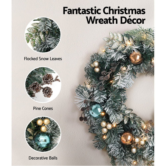 Jingle Jollys 2.7m Christmas Garland with Wreath Set LED Lights Snowy Xmas Decor - RnR Galore
