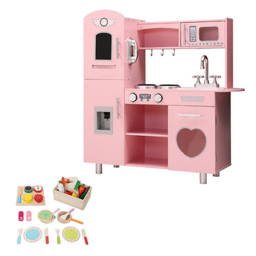 Keezi Kids Kitchen Play Set Wooden Pretend Toys Cooking Children Food Pink - RnR Galore