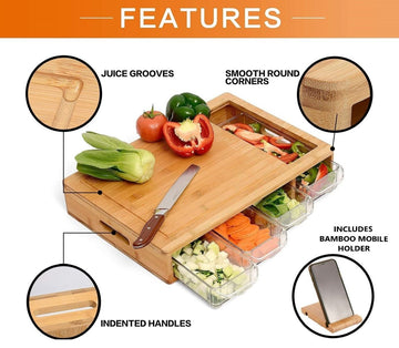 Large Bamboo Cutting Board and 4 Containers with Mobile Holder gift included for Home Kitchen - RnR Galore