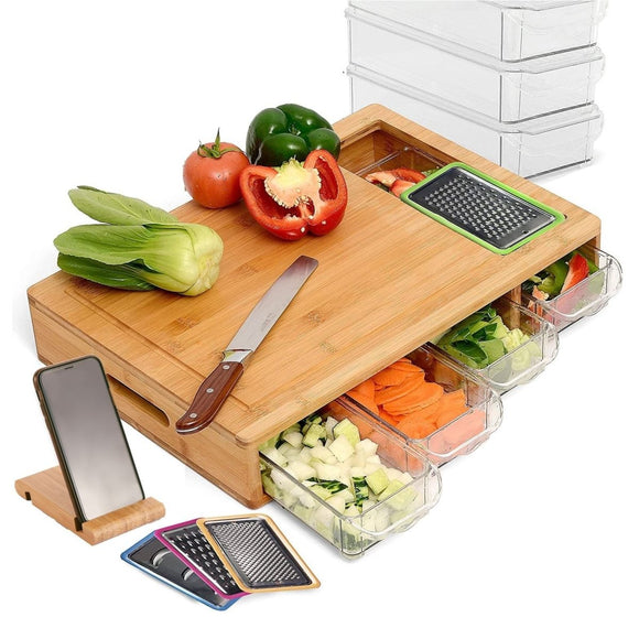 Large Bamboo Cutting Board and 4 Containers with Mobile Holder gift included for Home Kitchen - RnR Galore