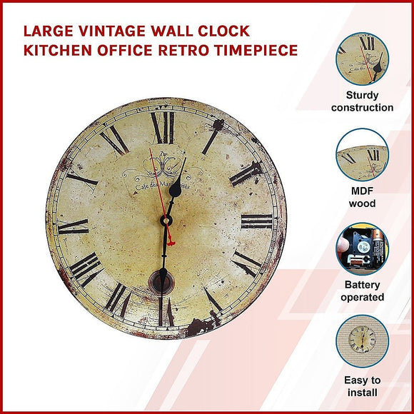 Large Vintage Wall Clock Kitchen Office Retro Timepiece - RnR Galore