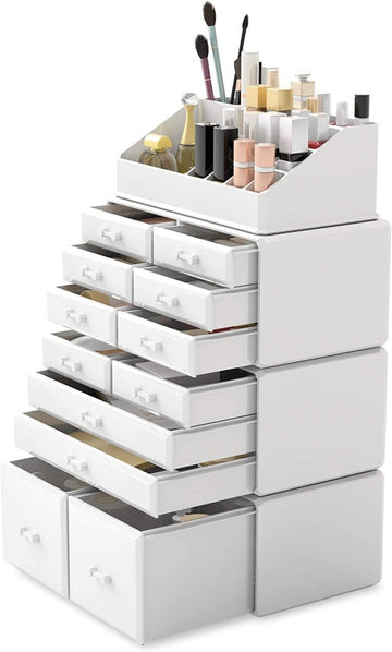 Makeup Cosmetic Organizer Storage with 12 Drawers Display Boxes (White) - RnR Galore