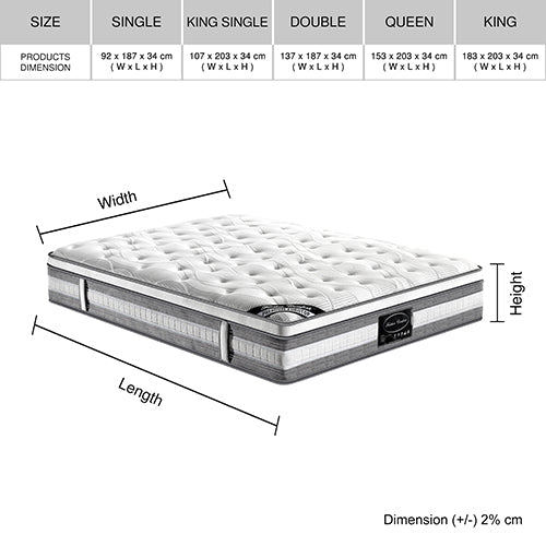 Mattress Euro Top King Size Pocket Spring Coil with Knitted Fabric Medium Firm 34cm Thick - RnR Galore