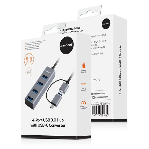 mbeat 4 - Port USB 3.0 Hub with 2 - in - 1 USB 3.0 & USB - C Converter - Space Grey - RnR Galore