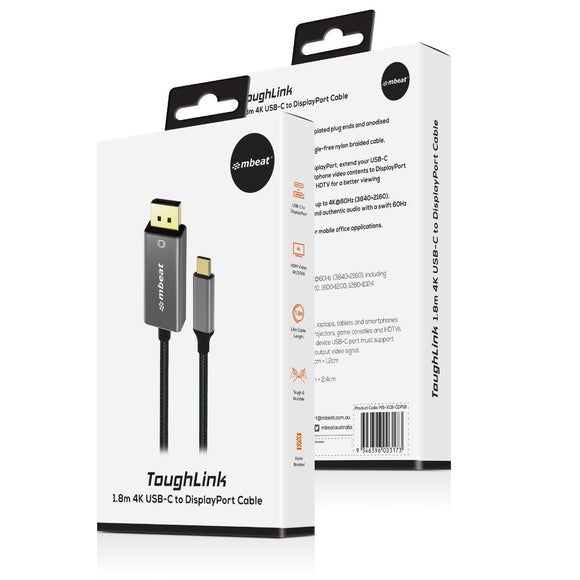 mbeat Tough Link 1.8m 4K USB - C to Display Port Cable - Space Grey - RnR Galore