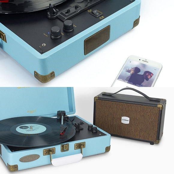 mbeat Woodstock II Sky Blue Retro Bluetooth (TX/RX) Turntable - RnR Galore