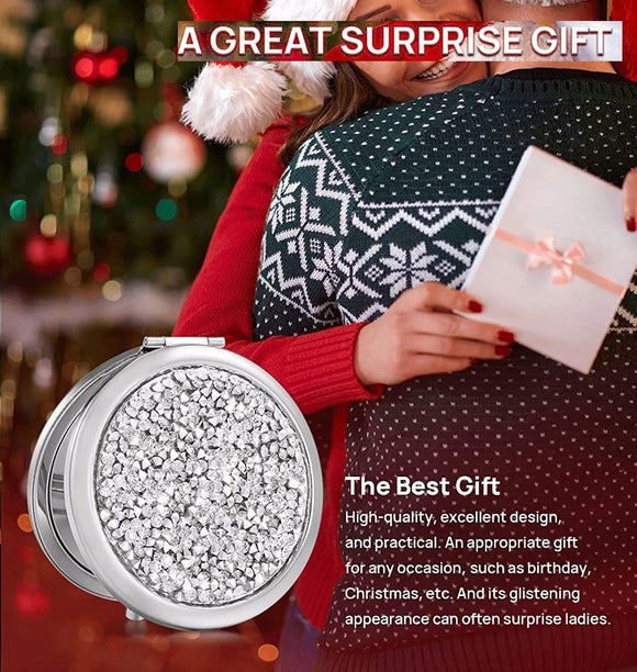 Mini Mix Diamond 1X/2X Magnifying Round Metal Pocket Makeup Mirror (Silver) - RnR Galore