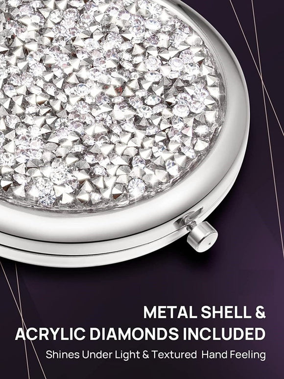 Mini Mix Diamond 1X/2X Magnifying Round Metal Pocket Makeup Mirror (Silver) - RnR Galore