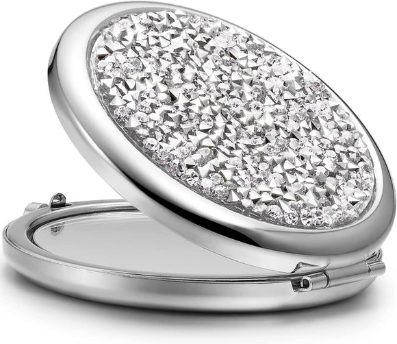 Mini Mix Diamond 1X/2X Magnifying Round Metal Pocket Makeup Mirror (Silver) - RnR Galore