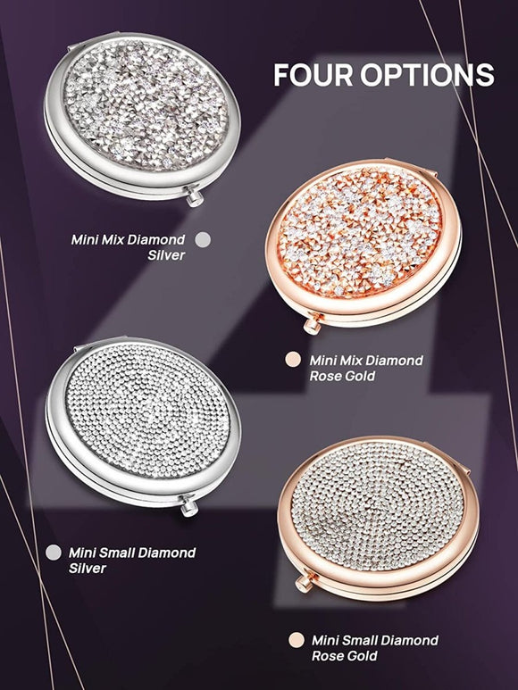 Mini Small Diamond 1X/2X Magnifying Round Metal Pocket Makeup Mirror (Silver) - RnR Galore