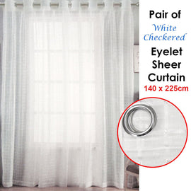 Pair of White Checkered Eyelet Sheer Curtains 140 x 225cm - RnR Galore