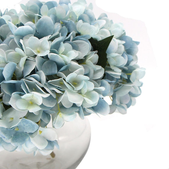 Premium Faux Hydrangea With Glass Vase (Artificial Flowering Blue Hydrangea) 23cm - RnR Galore