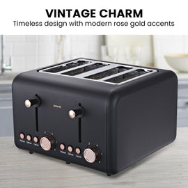 Pronti 4 Slice Toaster Rose Trim Collection - Black - RnR Galore