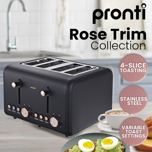 Pronti 4 Slice Toaster Rose Trim Collection - Black - RnR Galore