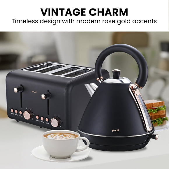 Pronti Rose Trim Collection Toaster & Kettle Bundle - Black - RnR Galore