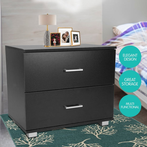 Sarantino Bedside Table Cabinet Storage Chest 2 Drawers Lamp Side Nightstand - Black - RnR Galore