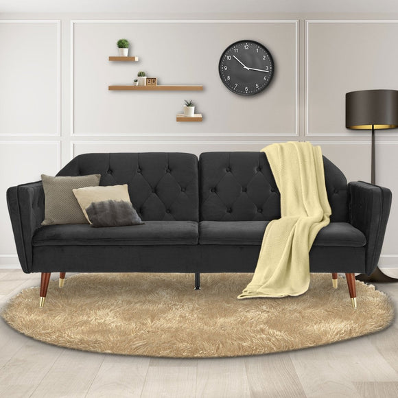 Sarantino Faux Velvet Tufted Sofa Bed Couch Futon - Black - RnR Galore