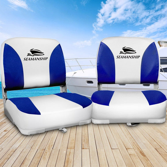 Seamanship 2X Folding Boat Seats Marine Swivel Low Back 13cm Padding White Blue - RnR Galore