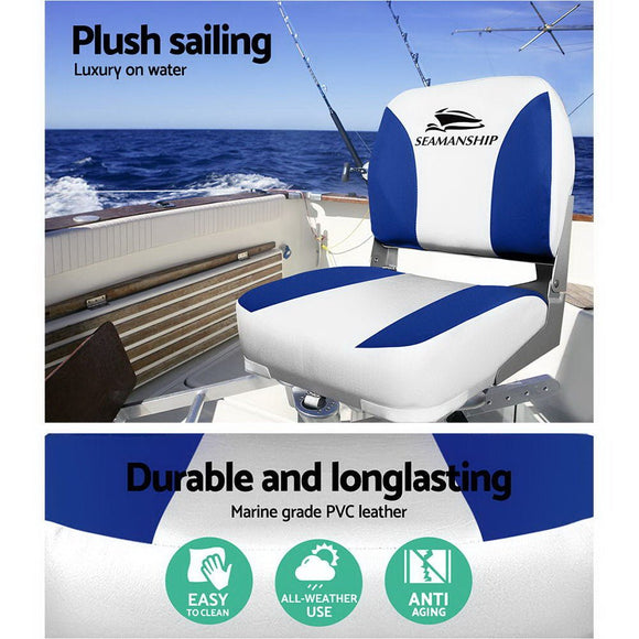 Seamanship 2X Folding Boat Seats Marine Swivel Low Back 13cm Padding White Blue - RnR Galore