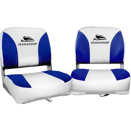 Seamanship 2X Folding Boat Seats Marine Swivel Low Back 13cm Padding White Blue - RnR Galore