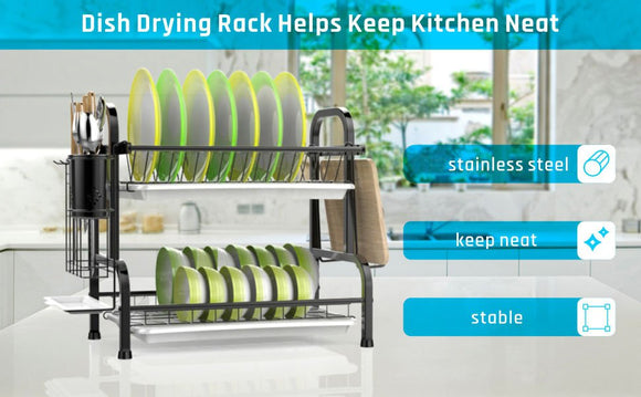 Stainless Steel 2 - Tier Dish Drying Rack with Utensil Holder, Cutting Board Holder and Dish Drainer for Kitchen Counter (Black) - RnR Galore