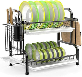 Stainless Steel 2 - Tier Dish Drying Rack with Utensil Holder, Cutting Board Holder and Dish Drainer for Kitchen Counter (Black) - RnR Galore