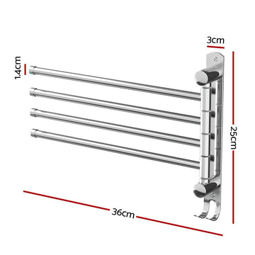 Towel Rail Rack Holder 4 Bars Wall Mounted Stainless Steel Swivel Hanging Hook - RnR Galore