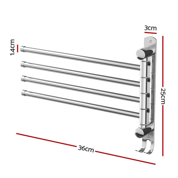 Towel Rail Rack Holder 4 Bars Wall Mounted Stainless Steel Swivel Hanging Hook - RnR Galore
