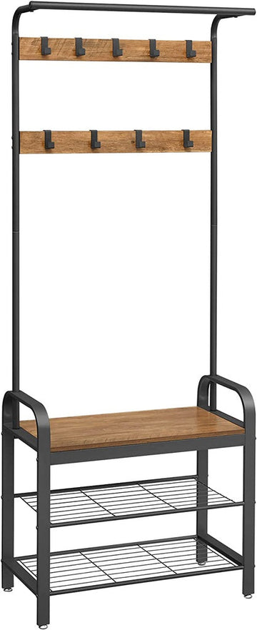 VASAGLE Coat Rack with Shoe Rack 183 cm Height Walnut Brown and Black - RnR Galore