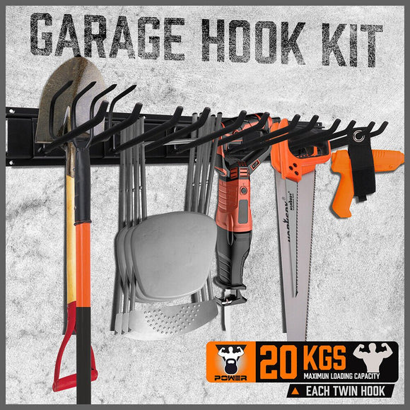Wall Mounted Hook Rail Set Bike Holder Garden Tool Storage Rack Garage Organizer - RnR Galore