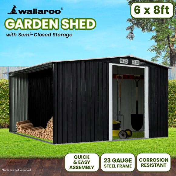 Wallaroo Garden Shed with Semi - Close Storage 6*8FT - Black - RnR Galore