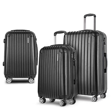 Wanderlite Luggage Set 3pc 20" 24" 28" Suitcase Hardcase Trolley Travel Black - RnR Galore