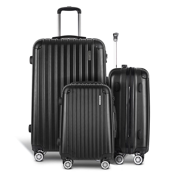 Wanderlite Luggage Set 3pc 20" 24" 28" Suitcase Hardcase Trolley Travel Black - RnR Galore