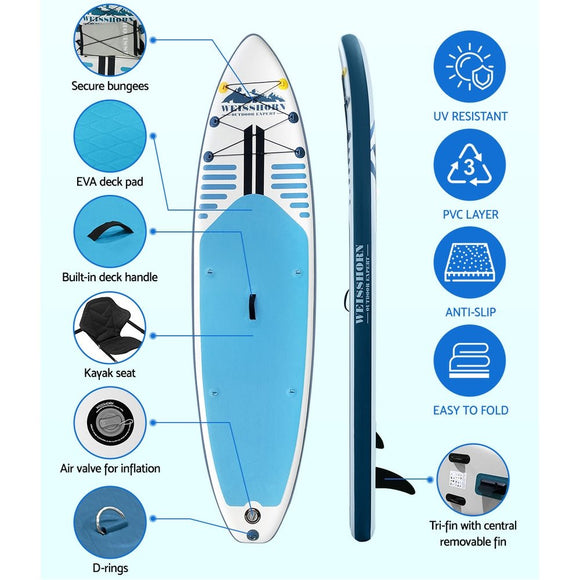 Weisshorn Stand Up Paddle Board 10.6ft Inflatable SUP Surfboard Paddleboard Kayak Surf Blue - RnR Galore