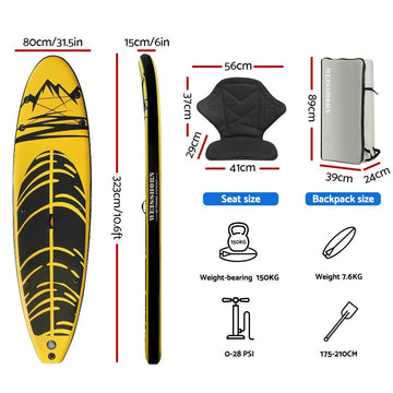 Weisshorn Stand Up Paddle Board 10.6ft Inflatable SUP Surfboard Paddleboard Kayak Surf Yellow - RnR Galore