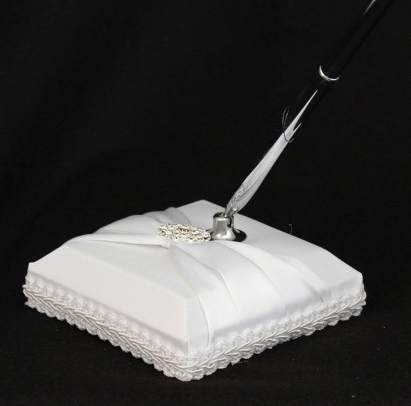 White Wedding Guest Book Register with Silver Pen Matching Stand Set 36 Lined Pages - White Sach Diamante Cover - RnR Galore