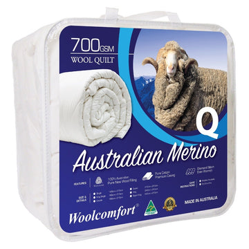 Woolcomfort Aus Made Merino Wool Quilt 700GSM 210x210cm Queen Size - RnR Galore