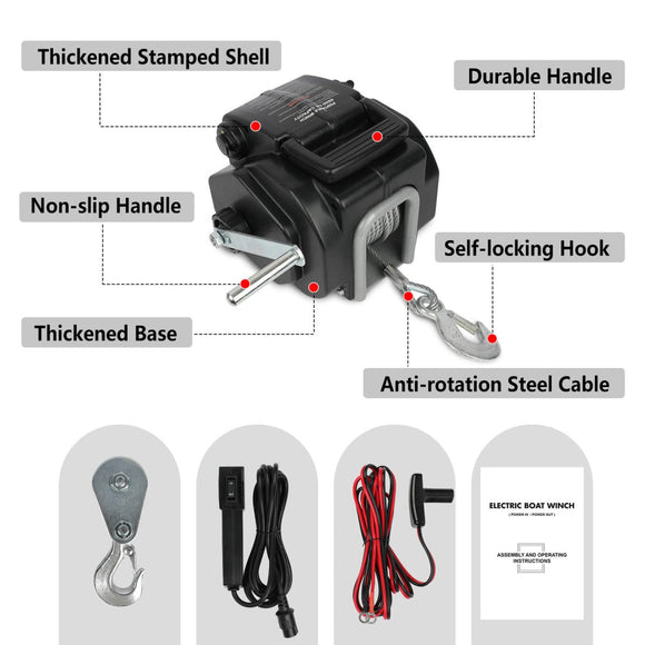 X - BULL Electric Boat Winch 12V 6500LBS Portable Detachable Steel Cable Marine Ship 3000KG 4WD - RnR Galore